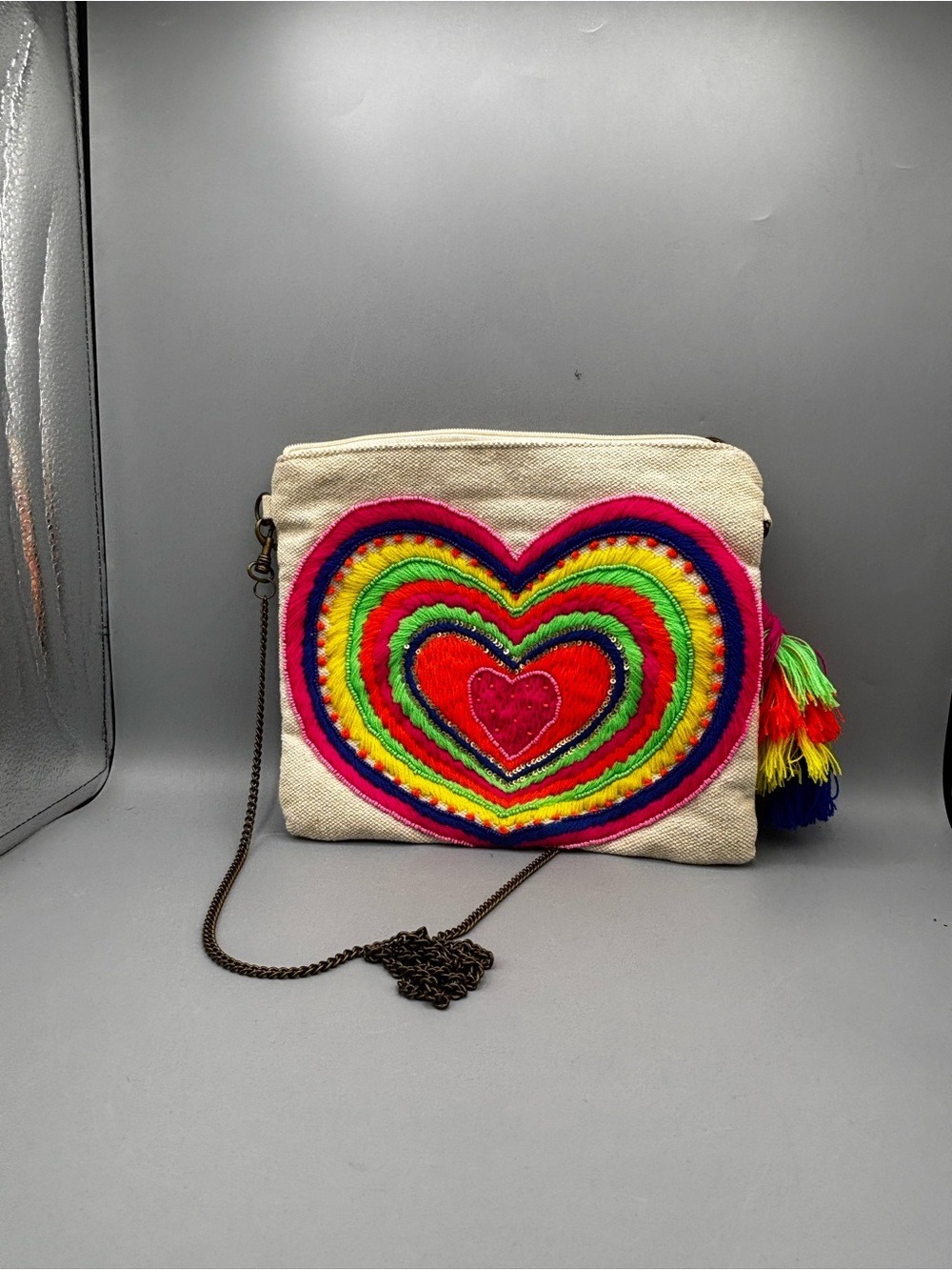 Camel Threads Colorful Heart Embroidered Canvas Crossbody Bag